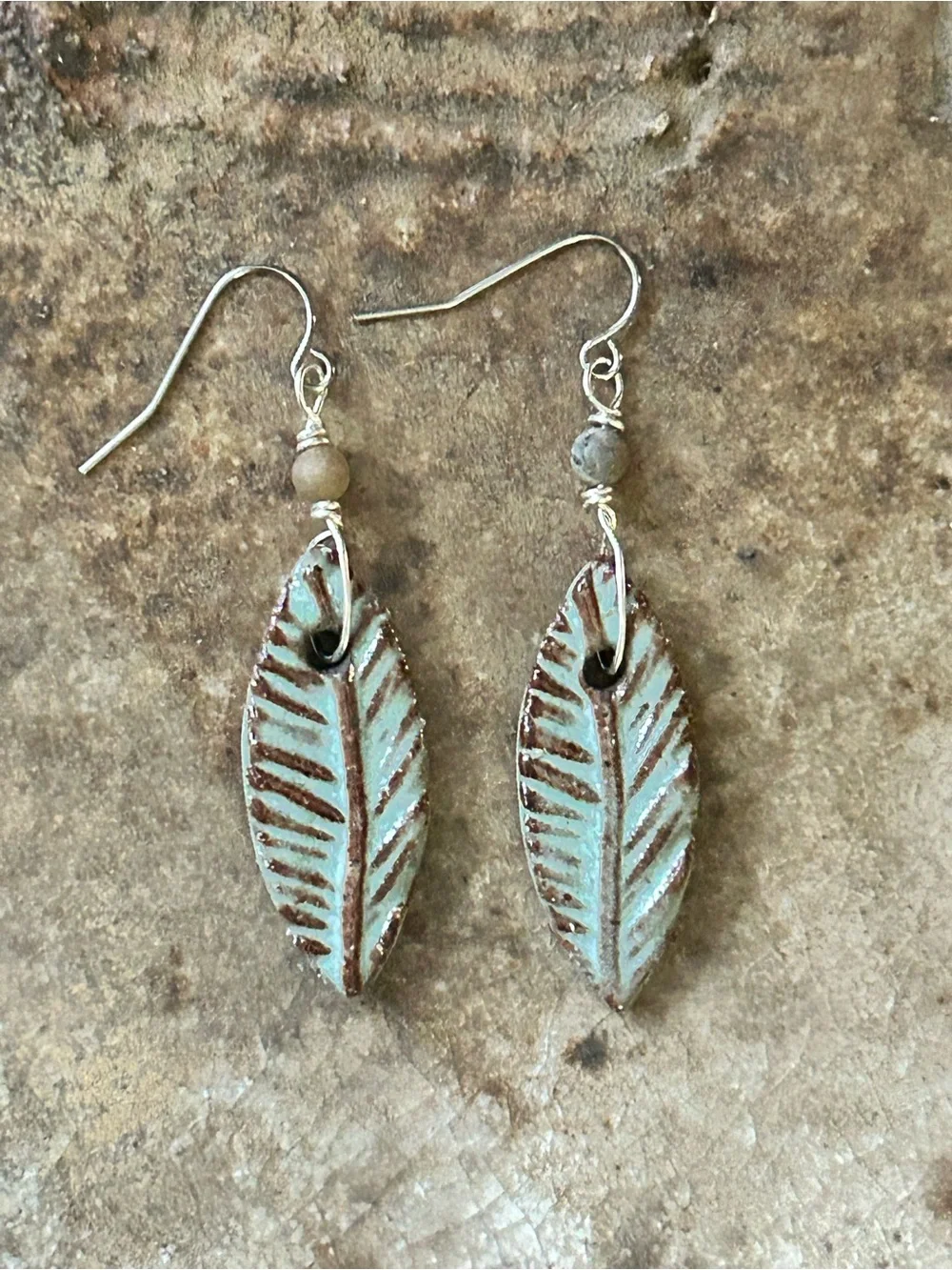 Handmade Ceramic Beads with Turquoise Patina Leaf Drop Earrings